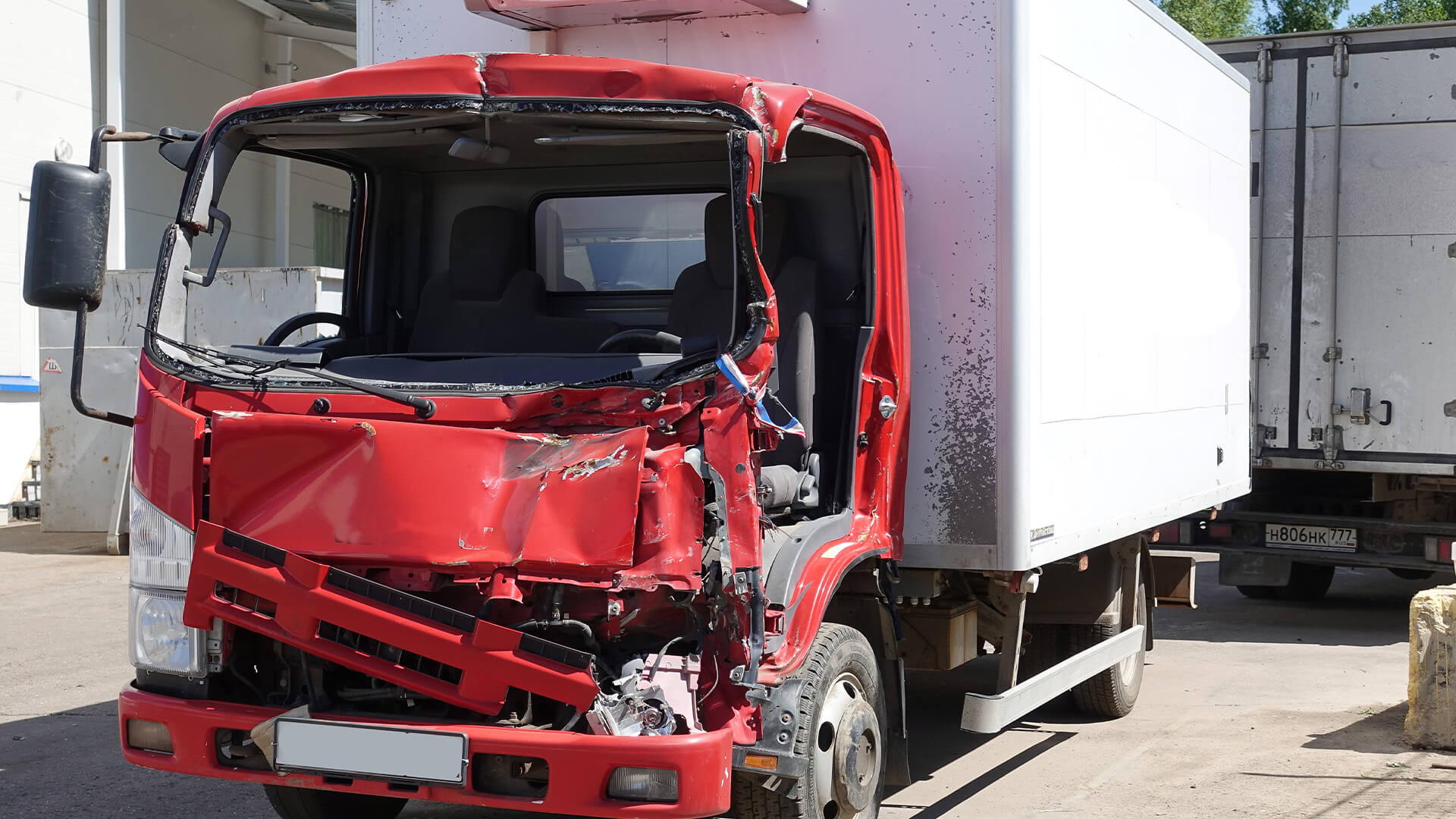 HGV recently in an accident, with the front badly damaged