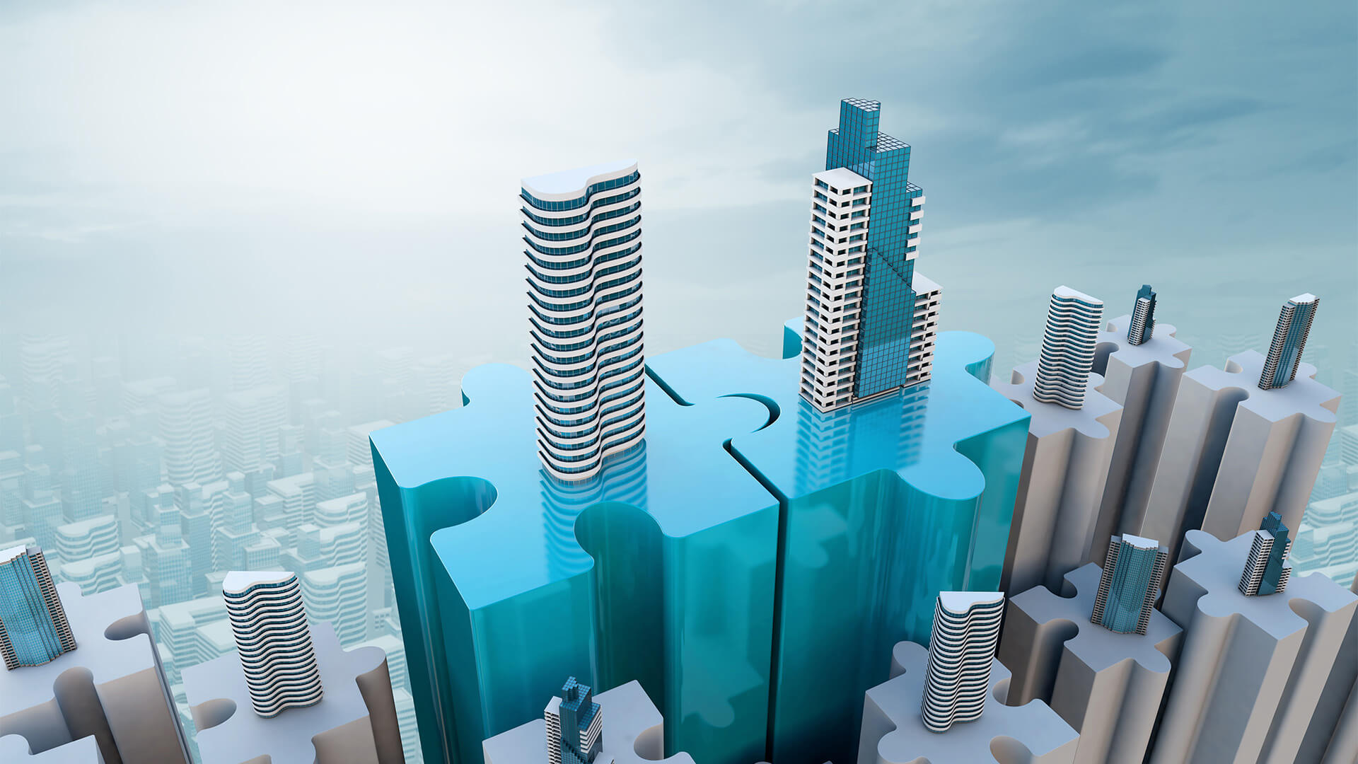 3D rendered puzzle pieces with skyscrapers on top and around them
