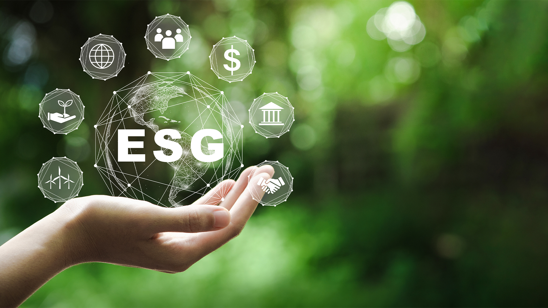 ESG icon concept in the hand for environmental, social, and governance in sustainable and ethical business