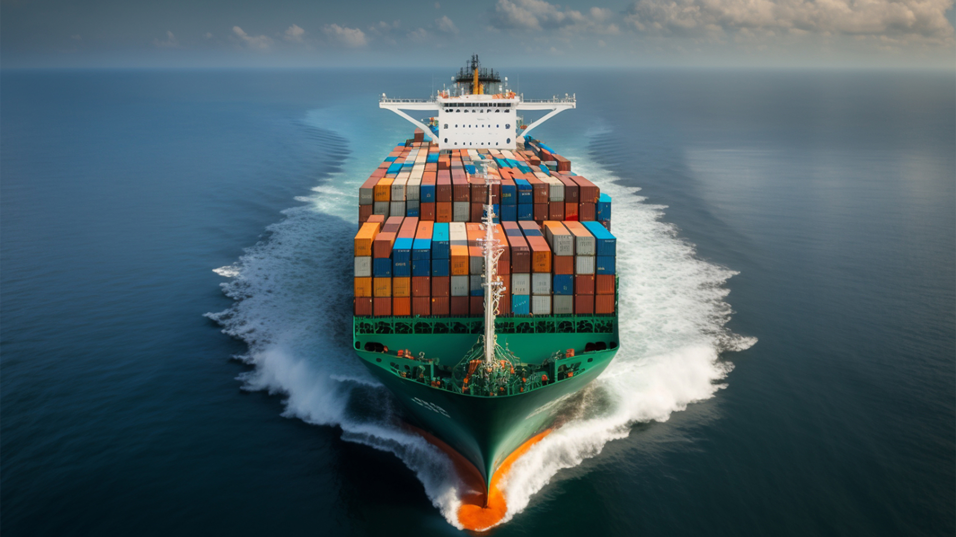 An aerial top view of a container ship in the vast ocean