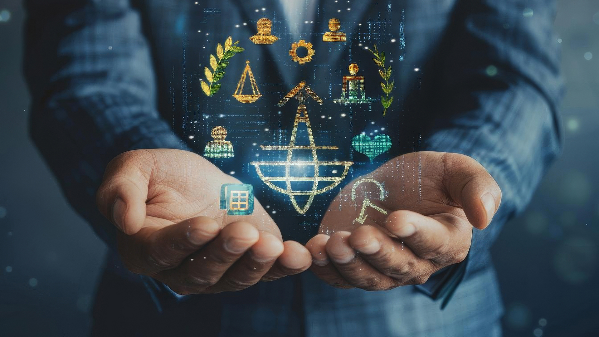 A businessman holds a hologram with icons related to ethical business practices