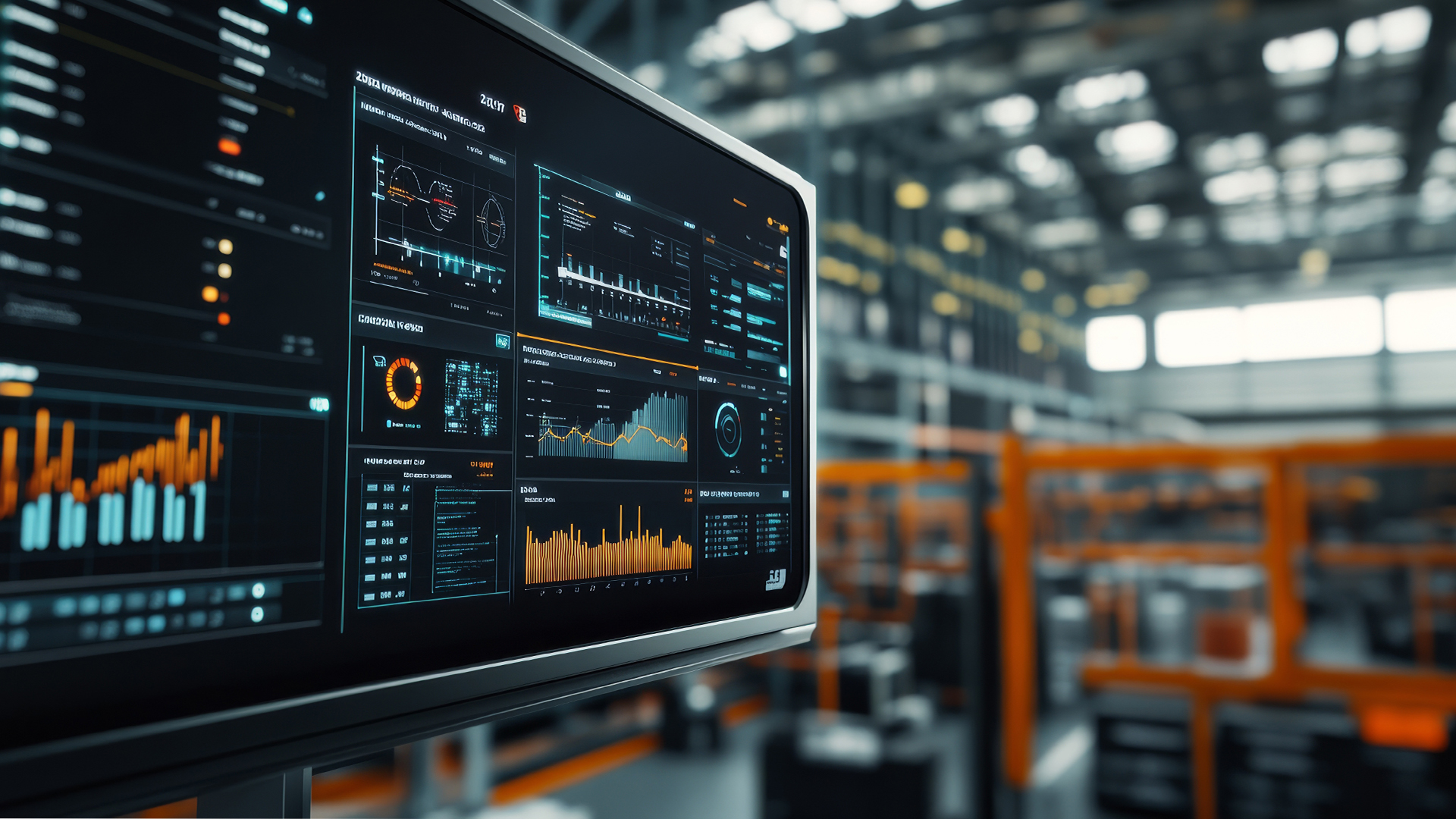 A high-tech screen displaying data analytics in a warehouse setting, showcasing graphs and metrics for operational efficiency.