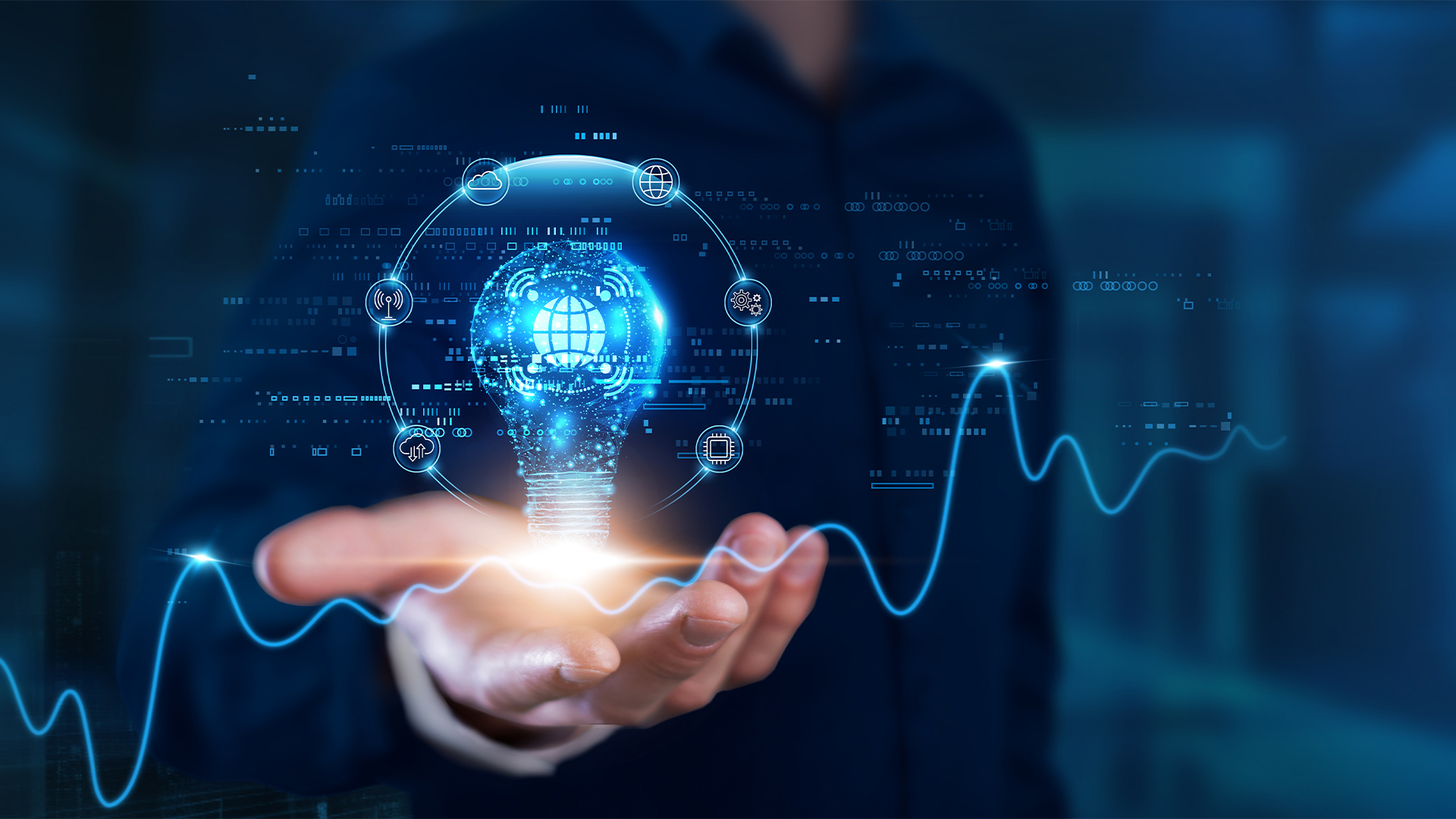 Businessman hands with light bulb of inspiration bright idea and creative thinking energetic on digital network connectivity, communication, innovation, collaboration
