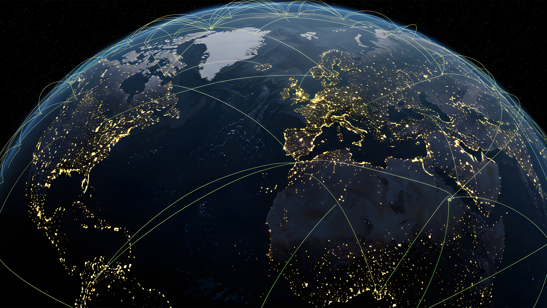 Global Network Connectivity: Illuminated Earth with Interconnected Cities and Data Paths at Night