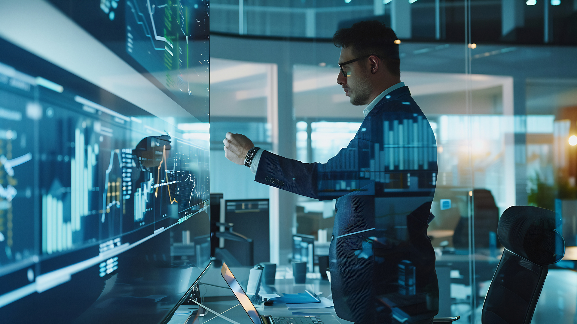 Business consultant businessman helping a company restructure its operations with detailed operational charts and restructuring plans in a hightech office