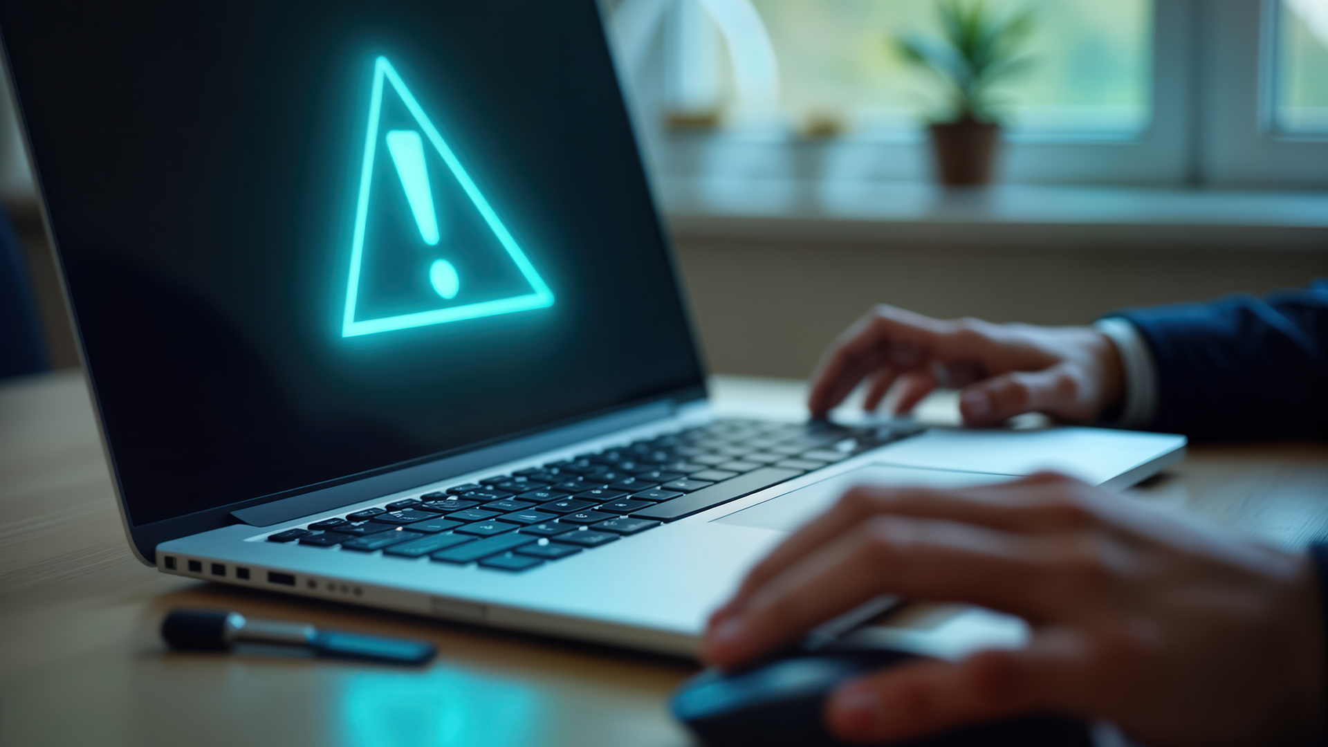 Businessperson works on laptop displaying caution alert.