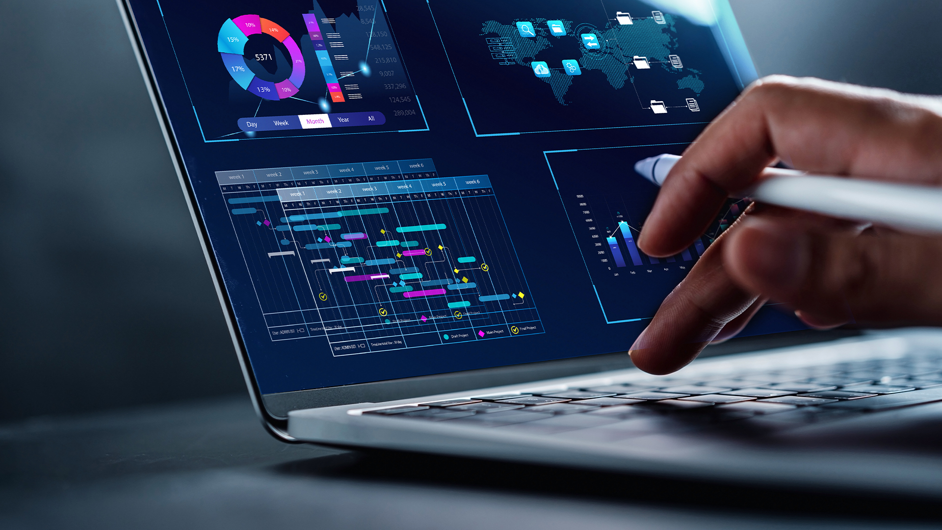 Analyst working in Business Analytics and Data Management System to make report with KPI and metrics connected to database.
