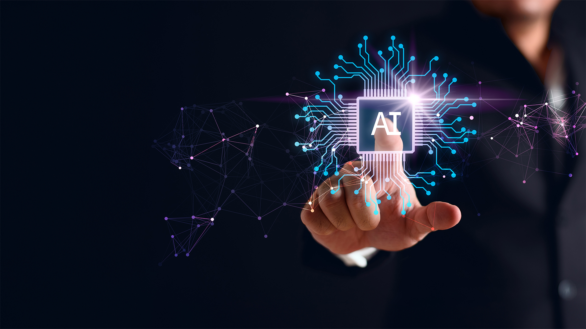 Artificial intelligence AI circuit board in shape electronic PCB circuit icon symbol on businessman hand finger touching with cyberpunk neon cyberspace lighting